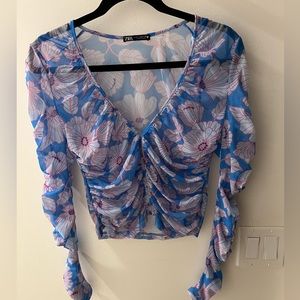 Zara floral ruched mesh top